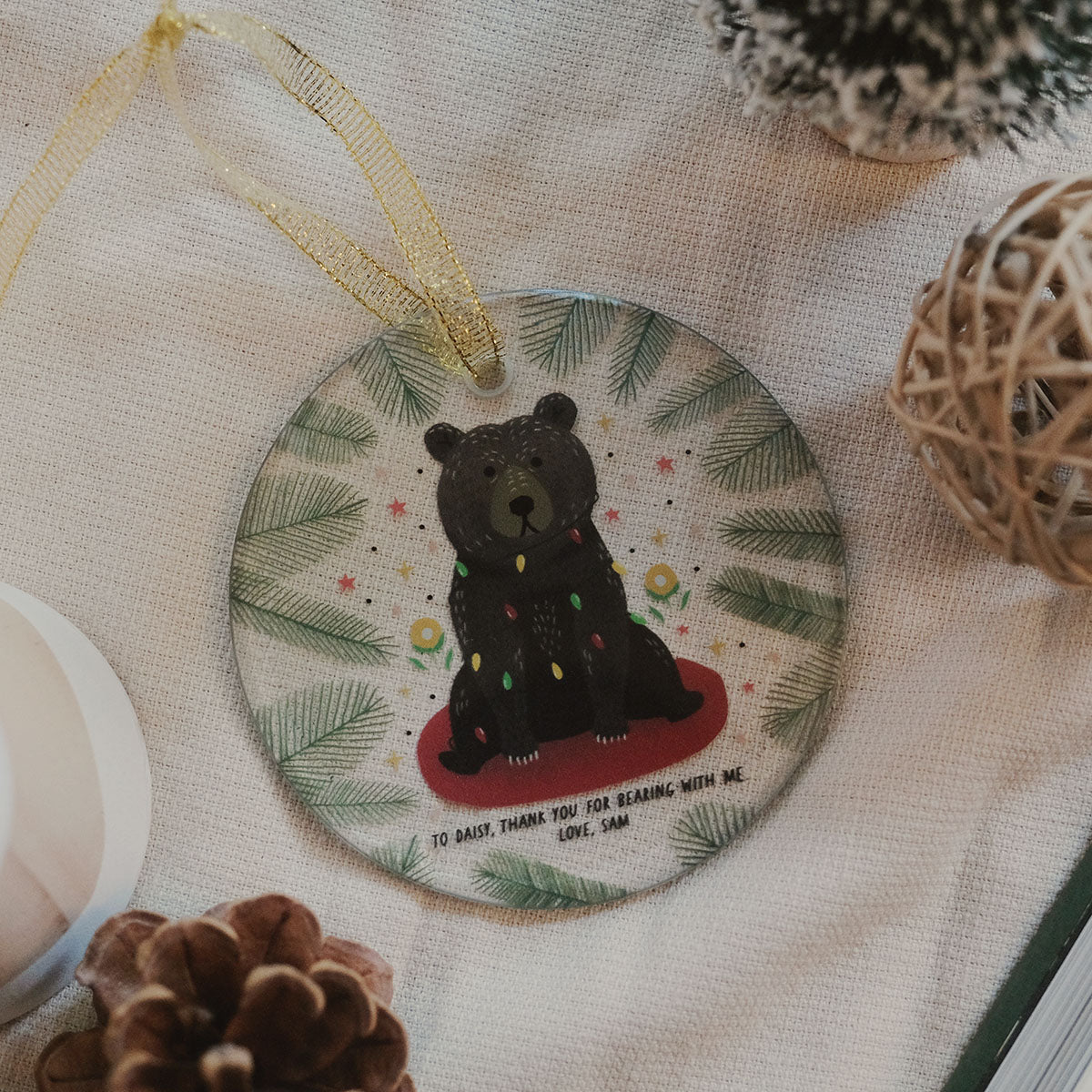 Personalized Christmas Bear Glass Ornament
