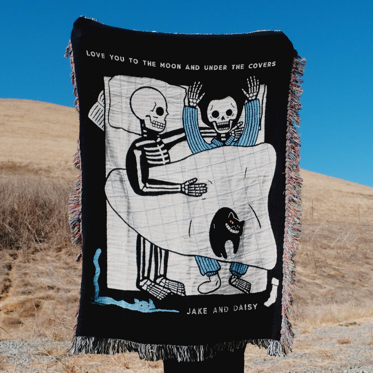 Personalized Skeletons Couple In Bed Woven Blanket