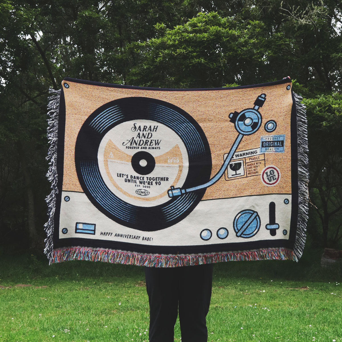 Personalized Record Player Couple Woven Blanket