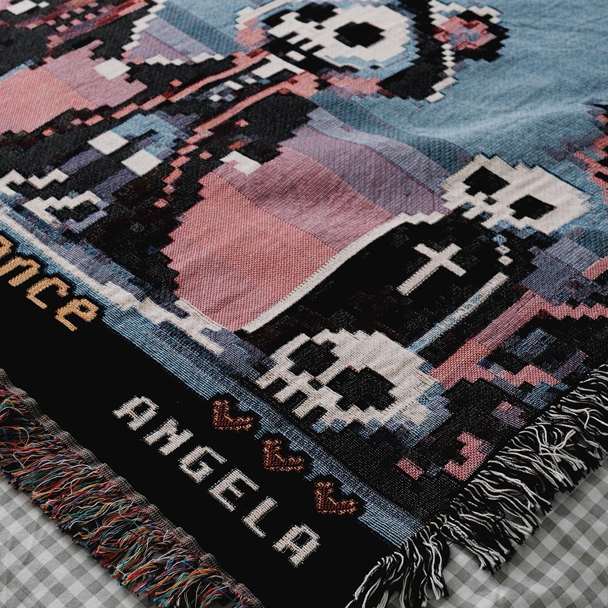 Personalized Pixel Skeleton Spooky Gaming Couple Woven Blanket