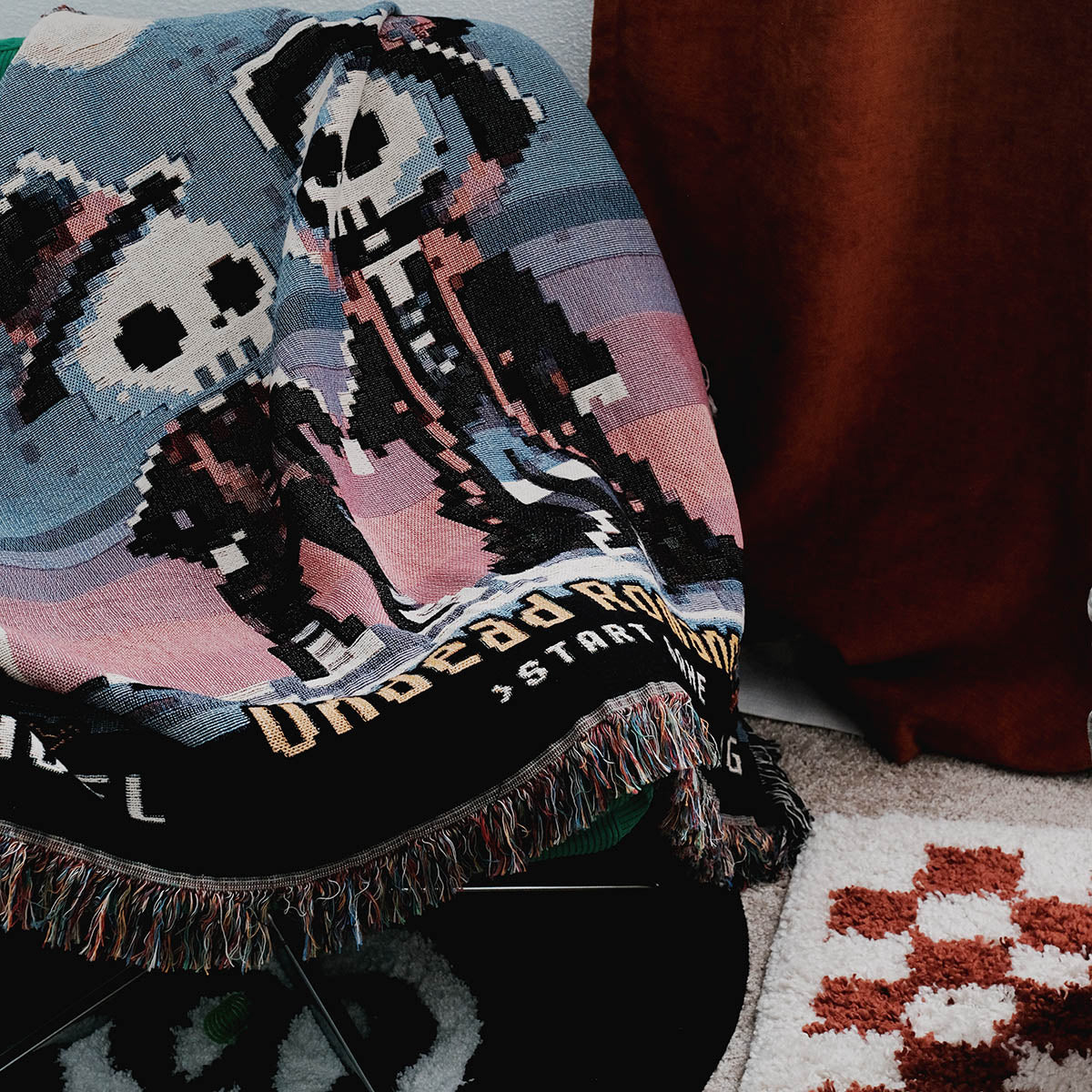 Personalized Pixel Skeleton Spooky Gaming Couple Woven Blanket