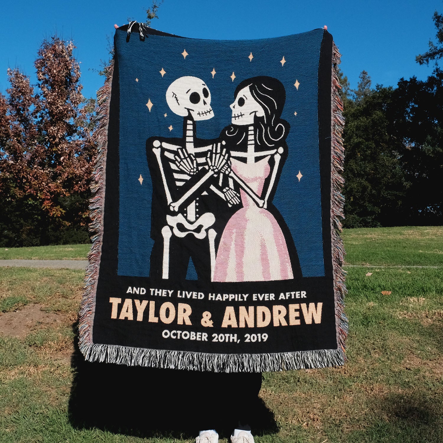 Personalized Skeletons Movie Poster Couple Woven Blanket
