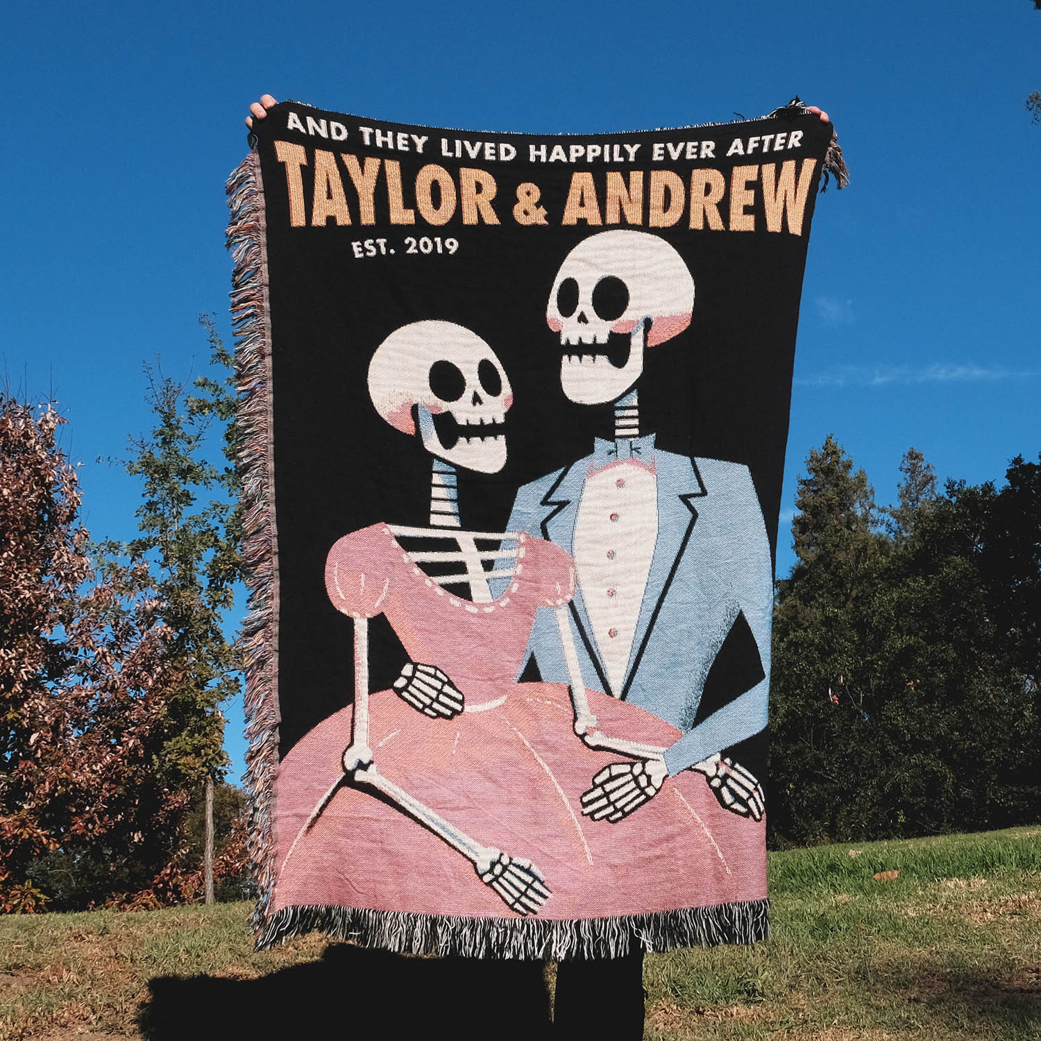 Fancy Skeleton Personalized Couple Woven Blanket