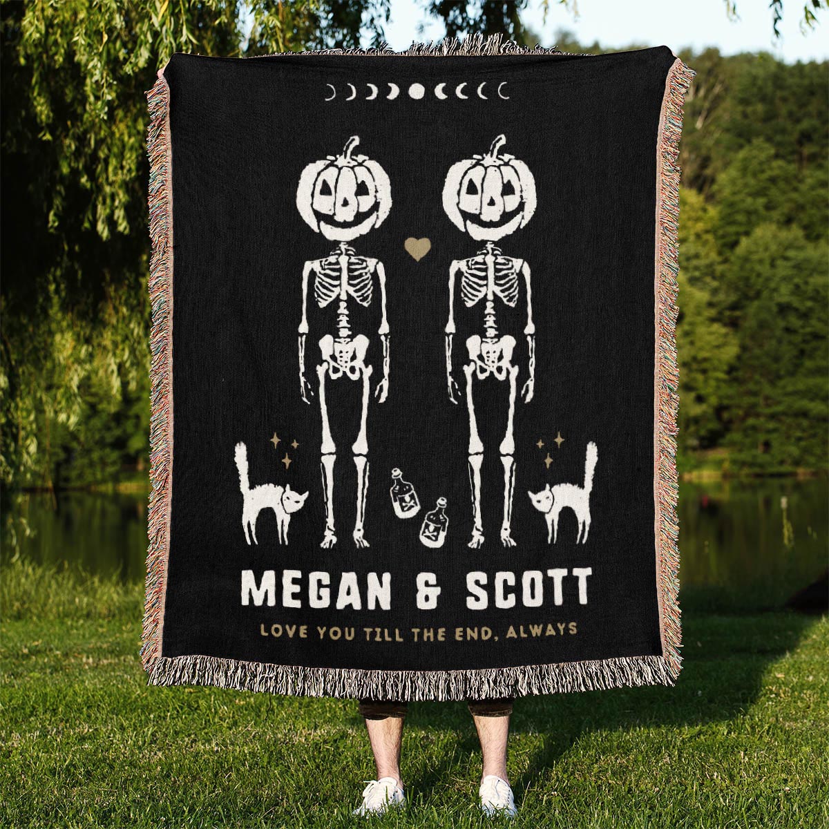 Personalized Pumpkin Skeleton Couple Woven Blanket