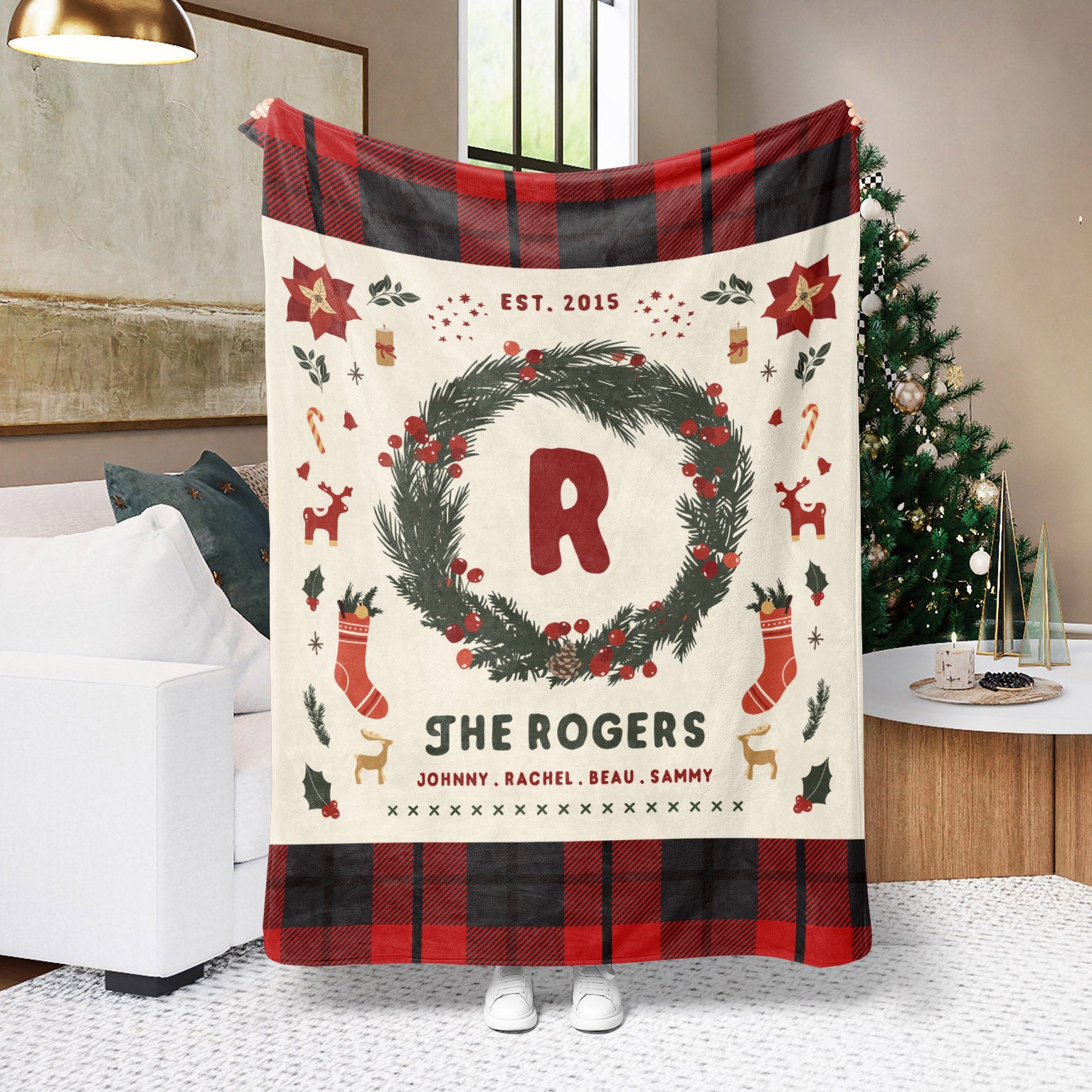 Personalized Family Initial Christmas Plaid Fleece Blanket - Fleece - Personalized Gifts for Couples, Custom Birthday Gifts, Custom Anniversary Gifts | Relatable Basic