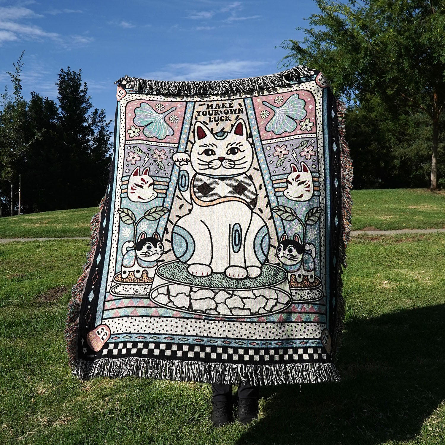 Maneki Neko Fortune Cat Woven Throw Blanket - Woven - Personalized Gifts for Couples, Custom Birthday Gifts, Custom Anniversary Gifts | Relatable Basic
