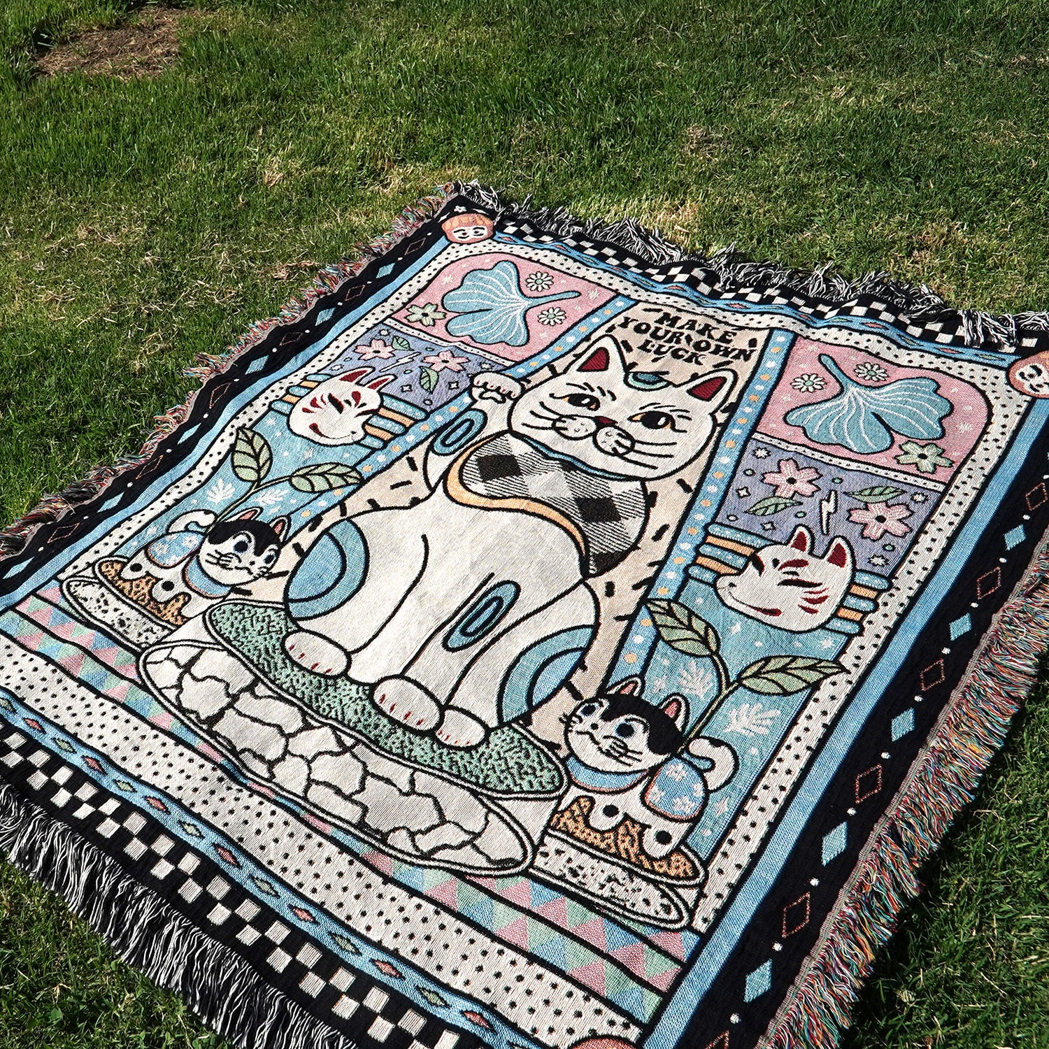 Maneki Neko Fortune Cat Woven Throw Blanket - Woven - Personalized Gifts for Couples, Custom Birthday Gifts, Custom Anniversary Gifts | Relatable Basic